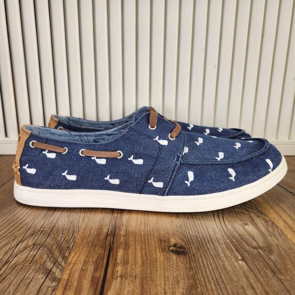 Toms Oceana Whale Print Boat Shoes Men's 12 Blue Canvas Casual Comfort Dockside - Picture 1 of 9